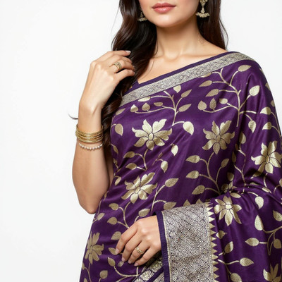 Rishi textile house Woven, Floral Print, Self Design Banarasi Art Silk Saree(Purple)