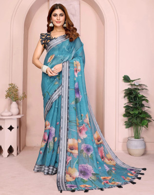 jya Floral Print, Digital Print Bollywood Cotton Linen Saree(Blue)