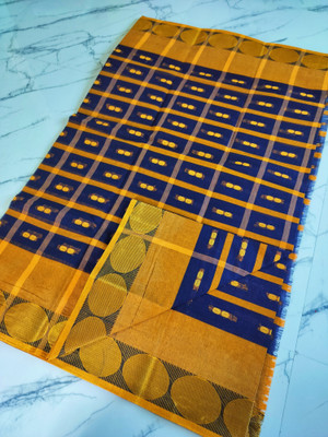 J KunduHouse Self Design Tant Pure Cotton Saree(Blue)