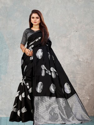 Flossy Printed Kalamkari Silk Blend Saree(Black)