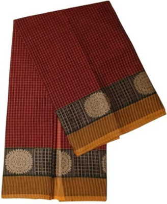 PME Checkered, Woven, Striped Chettinadu Pure Cotton Saree(Red)