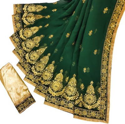 MIYANIFAB Embroidered, Floral Print Bollywood Georgette Saree(Green)