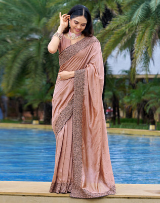 Samah Dyed, Embroidered, Embellished Bollywood Silk Blend Saree(Orange)