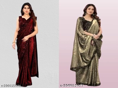 Amavii Embellished Bollywood Lycra Blend Saree(Pack of 2, Maroon, Gold)