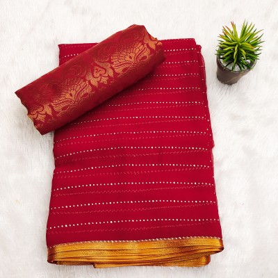 tikli Striped, Embellished Bollywood Chiffon Saree(Red)