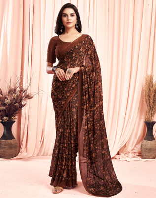 SIRIL Geometric Print, Printed Daily Wear Georgette Saree(Brown, Black)