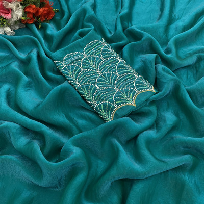 Zari and Ziba Embroidered, Solid/Plain Bollywood Chiffon Saree(Blue)