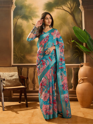 Sangria Printed Saree with Attached Blouse Cotton Blend Saree(Blue)