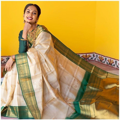 Flosive Striped Banarasi Pure Silk Saree(White)