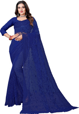 DEVKISONDESIGNER Self Design, Embroidered Bollywood Net Saree(Blue)