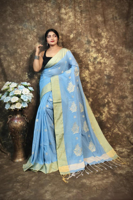 Pushpa Fashion Self Design Handloom Cotton Blend Saree(Blue)
