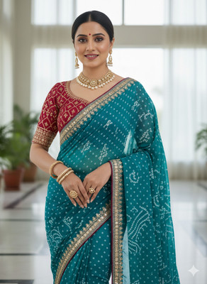 THEFASHIONLOOK Printed Bandhani Georgette Saree(Red)