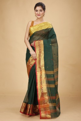 Tant Boutique Woven Tant Pure Cotton Saree(Dark Green)