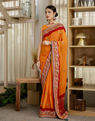 Satrani Printed, Embellished, Embroidered Bandhani Georgette Saree(Multicolor)