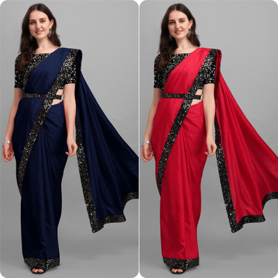 DIVYASHAKTI FASHION Solid/Plain Bollywood Art Silk Saree(Blue, Red)