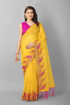 SROLY Embroidered Bollywood Supernet Saree(Yellow)