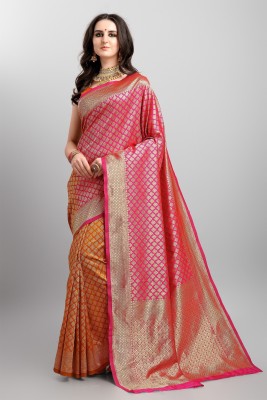 Ethnic Junction Woven Kanjivaram Silk Blend Saree(Pink, Mustard)