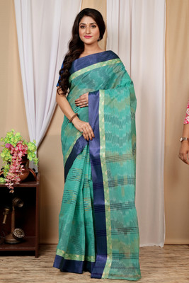 DipDiya Checkered Tant Pure Cotton Saree(Blue)