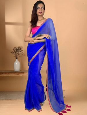 HIJA TRENDZ Solid/Plain Bollywood Georgette Saree(Blue)
