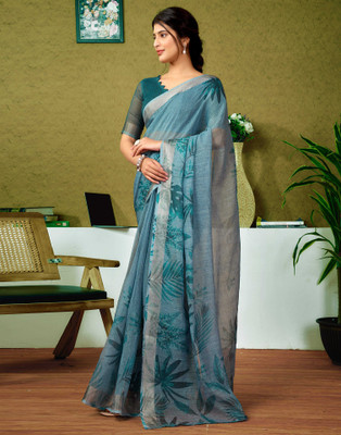 Samah Printed Bollywood Linen Saree(Blue)