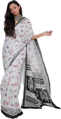 HMP Fashion Printed Ikkat Cotton Linen Saree(White)