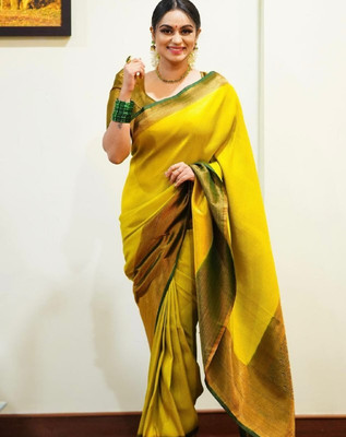 Flosive Striped Banarasi Pure Silk Saree(Yellow)