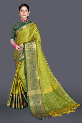 Miswa Printed, Temple Border, Embellished, Woven, Solid/Plain Banarasi Cotton Silk Saree(Green)
