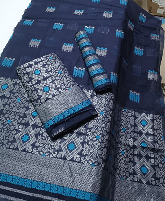 S P CREATION Woven Mekhela Chador Cotton Blend Saree(Blue)