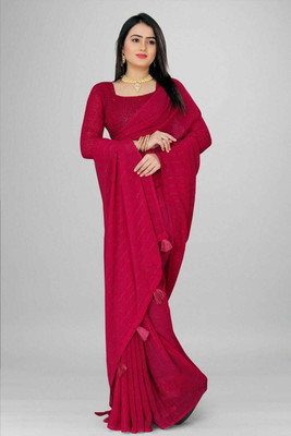 2SD gratitude Solid/Plain Daily Wear Chiffon Saree(Red)