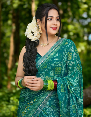 Samah Printed, Embellished Bandhani Georgette, Chiffon Saree(Green, Multicolor)