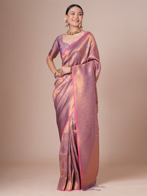 House of Pataudi Woven Kanjivaram Silk Blend Saree(Purple)