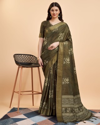 RekhaManiyar Digital Print Handloom Silk Blend Saree(Green)