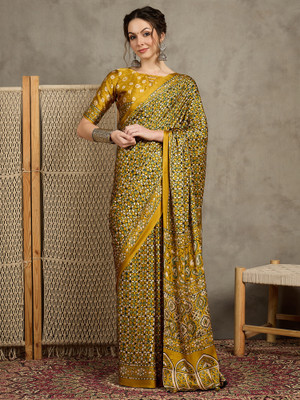 Tasrika Printed Hand Batik Crepe Saree(Mustard)