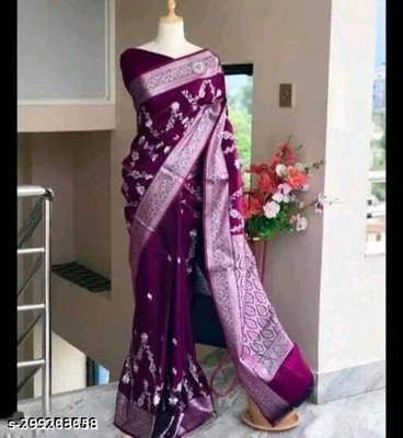 Welcome clothing center Printed Bollywood Satin Saree(Purple, Silver)