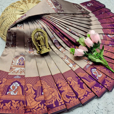 SICHYAH Woven Banarasi Art Silk Saree(Beige, Purple)