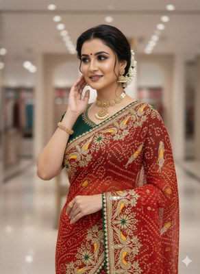 THEFASHIONLOOK Tie-Dye, Embroidered, Floral Print Bandhani Georgette Saree(Red)