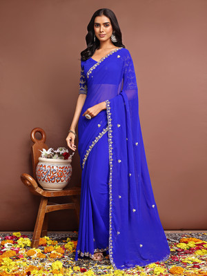 Urbanari Embroidered Bollywood Chiffon Saree(Blue)