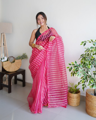 CLOTHFLY CREATION Striped, Printed, Embellished Banarasi Jute Silk Saree(Pink)
