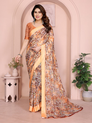 kashvi sarees Floral Print Leheria Georgette, Satin Saree(Orange)