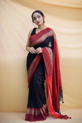 SLAGHA Self Design Handloom Cotton Blend Saree(Red, Black)