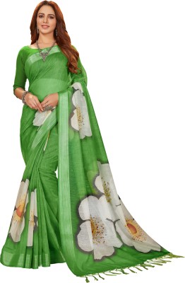 MotiHamir Printed, Self Design, Digital Print, Woven, Floral Print Bollywood Cotton Linen Saree(Green)