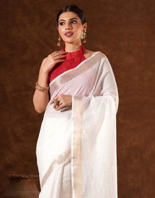 Samah Solid/Plain Kasavu Linen Saree(White)