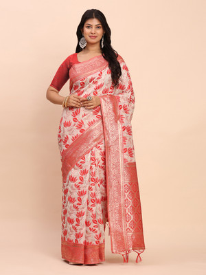 Tasrika Printed Banarasi Cotton Linen Saree(White, Red)