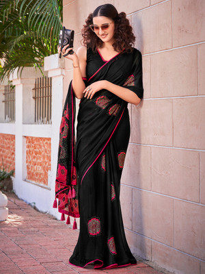 Tasrika Printed Bollywood Silk Blend Saree(Black)