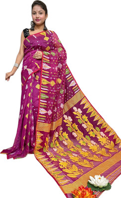 basak creation Woven Jamdani Cotton Blend Saree(Mustard)