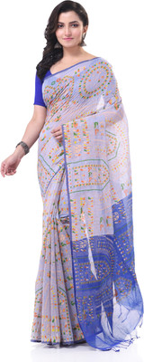 TANTLOOM Printed Handloom Cotton Blend Saree(Blue)