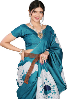 Priyashi Floral Print Bollywood Art Silk Saree(Blue, White)