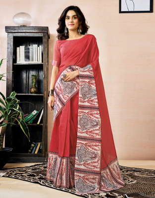 Samah Printed Daily Wear Chanderi, Cotton Blend Saree(Red)
