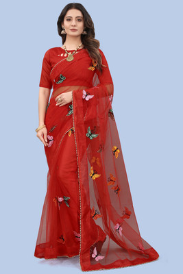 Meaven feb Self Design Bollywood Net Saree(Red)