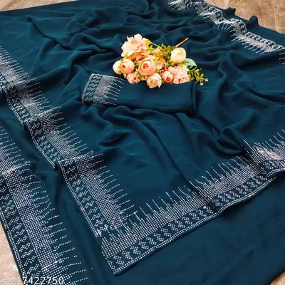 pari creation Embellished, Self Design, Solid/Plain Bollywood Georgette Saree(Blue)